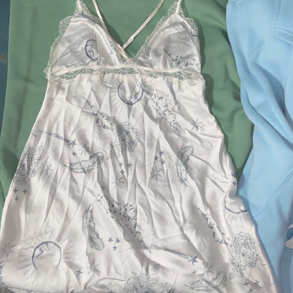 Victoria’s Secret white and silver moon, stars and feathers night slip dress